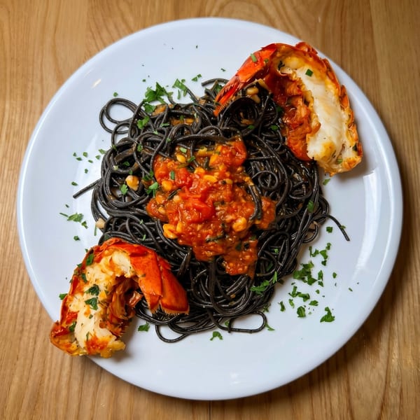 Black squid ink pasta with tomato sauce, corn, parsley, and two lobster tails on a white plate.