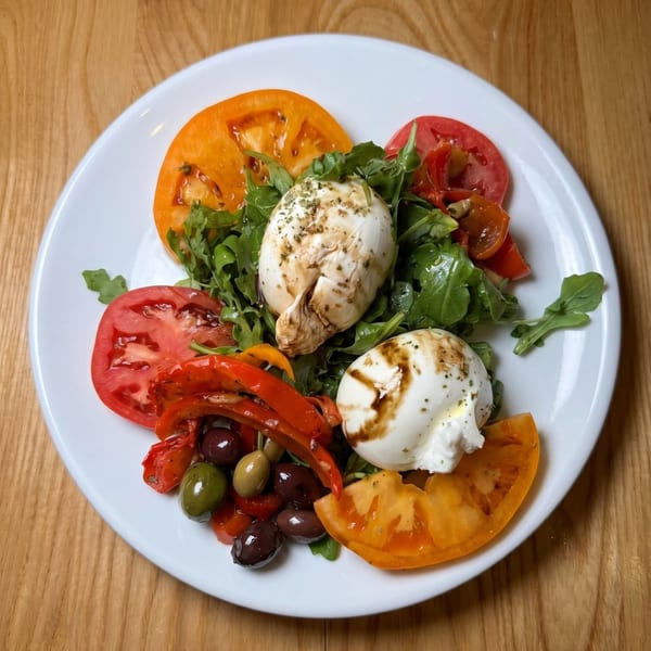 A vibrant caprese salad with burrata, heirloom tomatoes, arugula, roasted peppers, and olives.
