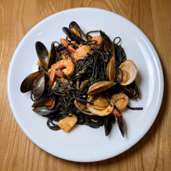 Black squid ink pasta with mussels, clams, and shrimp on a white plate.