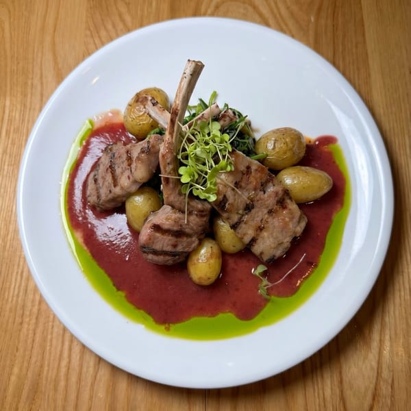 Grilled lamb chops with baby potatoes, microgreens, red sauce, and green oil on a white plate.