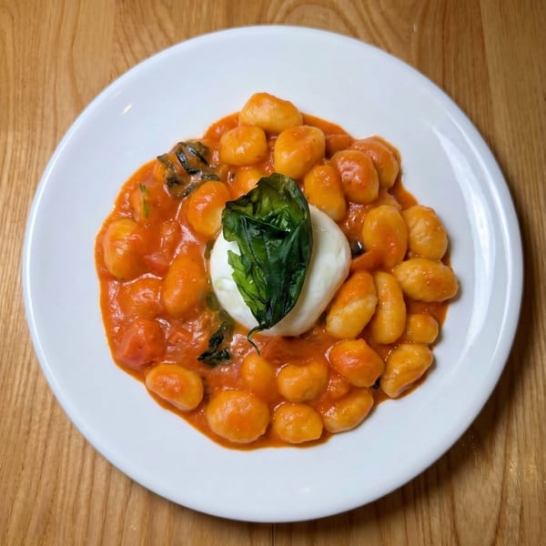 Gnocchi in red sauce with a dollop of burrata cheese and basil on a white plate.